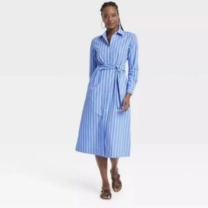 Universal Thread Blue & White Striped Long-Sleeve Shirt Dress with Tie Waist